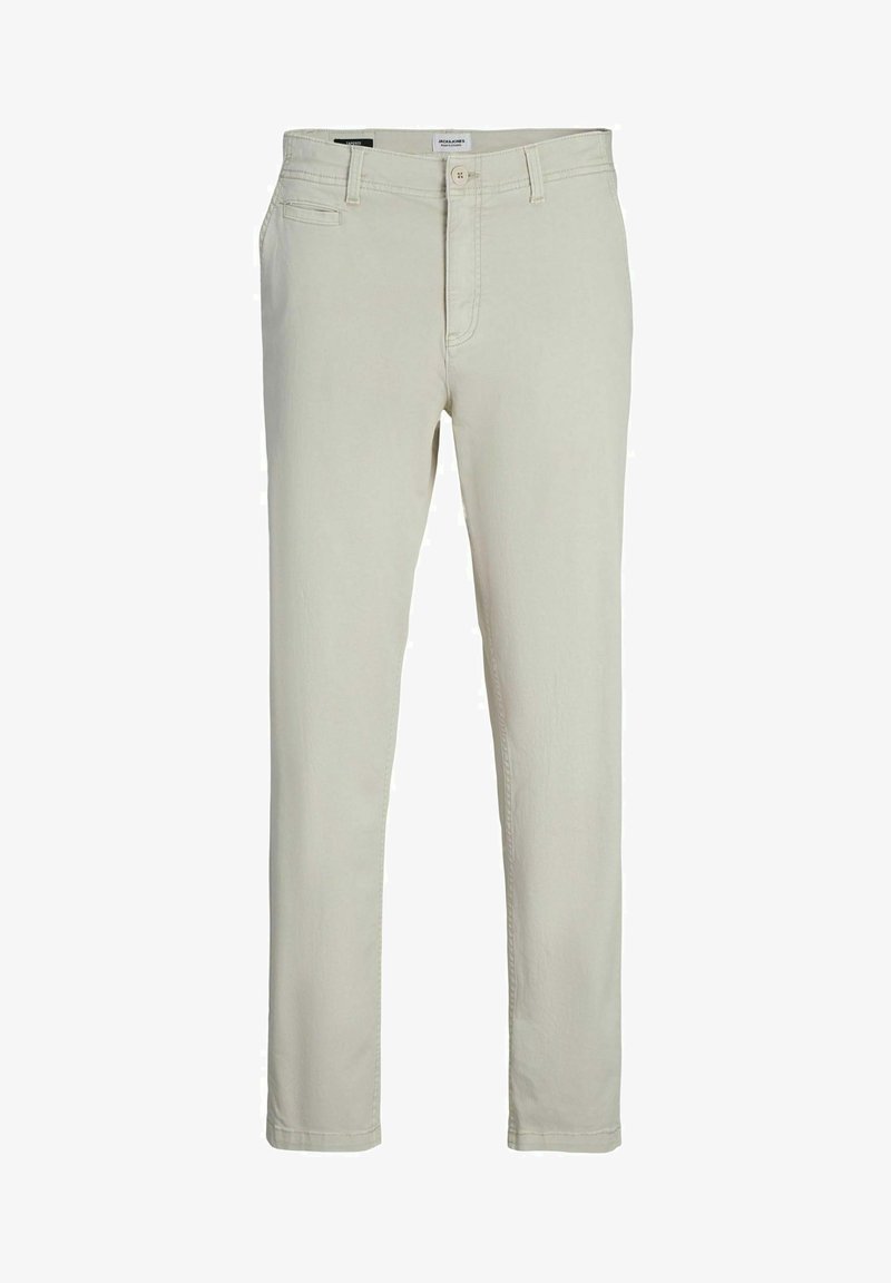 Light beige trousers made of cotton blend, featuring a straight fit, front pockets, and a zip fly with button closure.