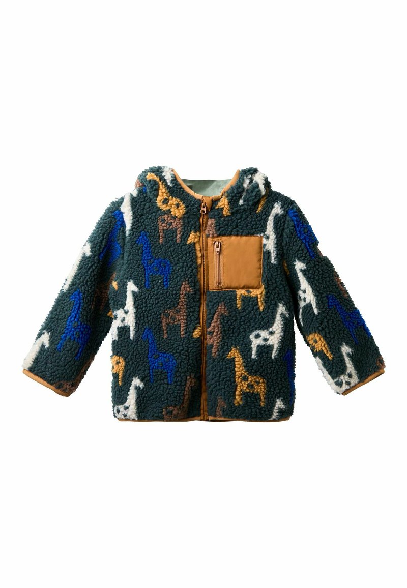 Fleece striukė su gobtuvu, turinti žalią pagrindo spalvą ir margas viščiukų raštas. Įtraukta šviesiai ruda užtrauktuku uždaroma krūtinės kišenė.