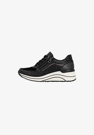 Black sneaker with a mixed-material design featuring leather and textured accents. White rubber sole with black tread; side zip closure.