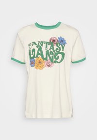 Krémové bavlněné tričko s zeleným žebrovaným límcem a lemy rukávů. Zdobeno textem "FANTASY LAND" a barevnou květinovou grafikou v růžové, žluté a modré barvě.