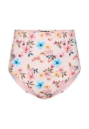 Högmidjad bikiniunderdel i lätt, stretchig tyg. Har ett pastellblomsterdesign med rosa, blå och gula blommor på en naken bakgrund.