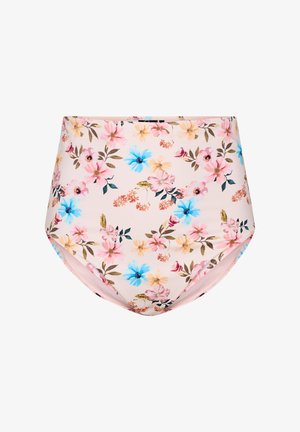 Visoke bikinice z lahkotnim, raztegljivim materialom. Imajo pastelni cvetlični vzorec z rožami v rožnati, modri in rumeni barvi na kožni podlagi.