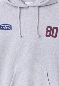 Felpa con cappuccio grigia con coulisse, con una toppa del Colorado e il numero 80 in bordeaux scuro. Tessuto morbido con tasca a marsupio.