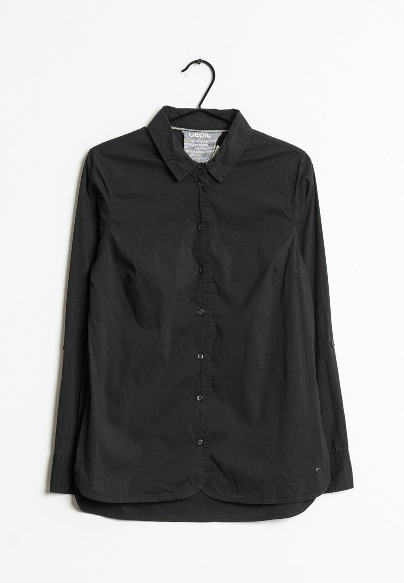 Black long-sleeve shirt with a collared neckline, button front, and cuffs; made of smooth fabric with a slightly glossy finish.