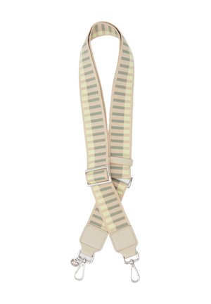 Beige tasband met groene en gele verticale strepen. Gestructureerde stof, zilveren hardware en twee metalen clips voor bevestiging.