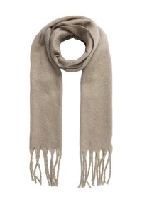 Sciarpa beige realizzata in morbido tessuto, presenta un design texturizzato con una leggera scintilla, rifinita con bordi frangiati per un tocco di dettaglio in più.