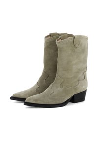 Stivaletti western in suede verde con punta affusolata, dettagli cuciti e tacchi a blocco neri. Presentano linguette per facilitarne l'indossamento.