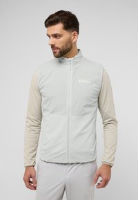 Gilet grigio chiaro con zip e colletto alto, dotato di logo. Presenta un materiale leggero e liscio e tasche laterali. Indossato sopra una maglietta beige a maniche lunghe.