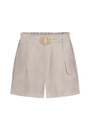 High-waist beige shorts with a gathered waistband, side pockets, and a round woven belt buckle at the front center.