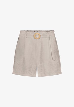 Beige Shorts mit hohem Bund, gerafftem Taillenbund, seitlichen Taschen und einer runden gewebten Gürtelschnalle in der vorderen Mitte.