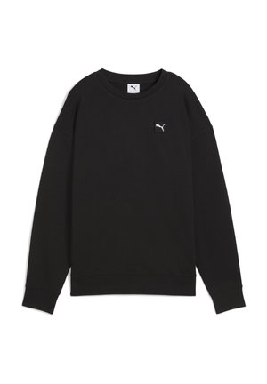 Fekete pulóver, puha anyagból készült, kerek nyakú, hosszú ujjú, és egy kis fehér Puma logóval ellátott fekete négyzet alakú folttal.