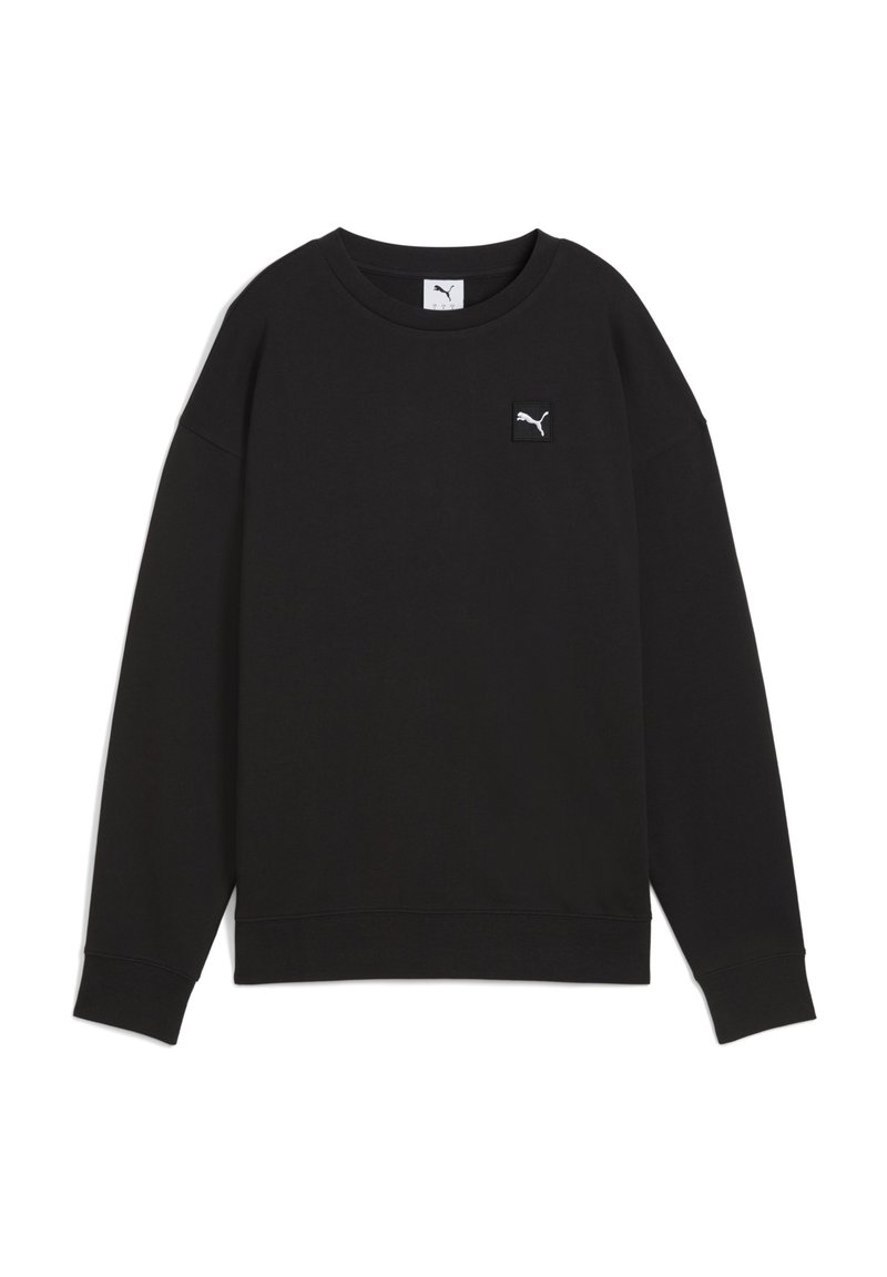 Schwarzer Sweatshirt aus weichem Stoff, mit Rundhalsausschnitt, langen Ärmeln und einem kleinen weißen Puma-Logo auf einem schwarzen quadratischen Patch.