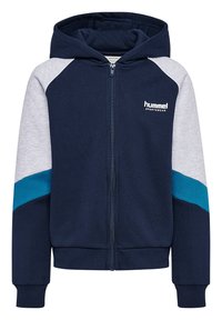 Felpa con zip di colore blu navy con maniche grigie e una striscia turchese. Presenta un cappuccio e polsini a coste per una vestibilità aderente. Logo sul petto.