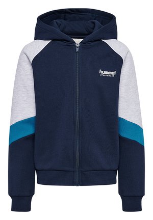 Dunkelblaue Zip-Hoodie mit grauen Ärmeln und einem türkisfarbenen Streifen. Verfügt über eine Kapuze und gerippte Bündchen für einen engen Sitz. Logo auf der Brust.