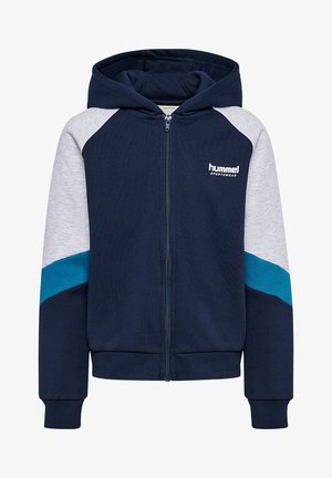 Sudadera con cremallera de color azul marino con mangas grises y una franja verde azulado. Cuenta con capucha y puños acanalados para un ajuste ceñido. Logotipo en el pecho.