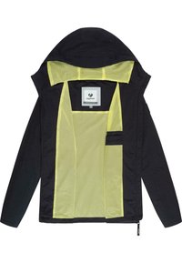 Lahka črna jakna z mrežasto rumeno notranjostjo, kapuco in žepi. Ima oznako z logotipom in zadrgo na dnu.