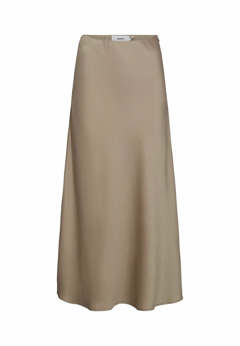 Jupe midi en satin beige, lisse, avec une silhouette évasée en A et une petite étiquette à la taille sur fond blanc.