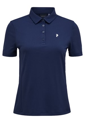 Polo donna a maniche corte di colore blu navy con colletto, quattro bottoni e piccolo logo bianco sul petto a sinistra.
