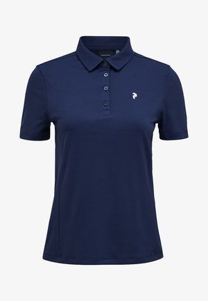 Dames polo in marineblauw met korte mouwen, kraag, vier knopen en een klein wit logo op de linkerborst.