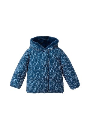 Chaqueta acolchada azul para niños con capucha, con patrón salpicado blanco y forro interior suave, adecuada para tiempo frío.
