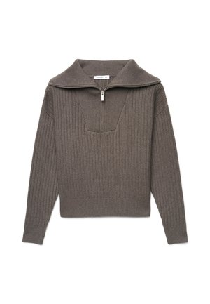 Maglione marrone a coste con maniche lunghe e una corta cerniera frontale sotto un ampio colletto.