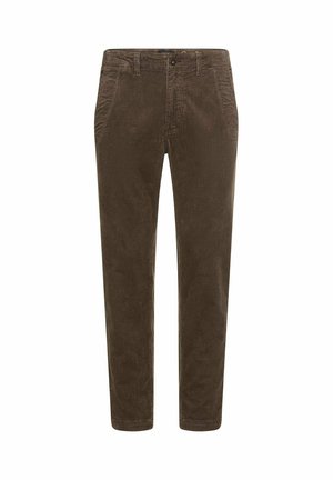 Pantalons en velours côtelé marron avec une coupe droite. Présentent des rayures texturées verticales, des poches avant et une fermeture à bouton.