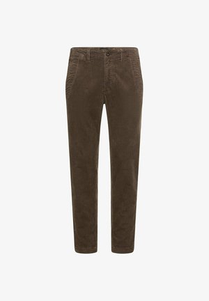 Pantalons en velours côtelé marron avec une coupe droite. Présentent des rayures texturées verticales, des poches avant et une fermeture à bouton.
