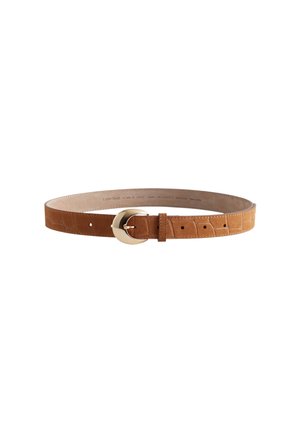 Brown leather belt with a textured surface, featuring a gold-tone circular buckle and multiple adjustment holes for sizing.