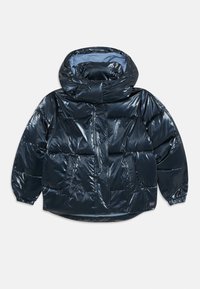Sort, blank pufferjakke med en bred hætte, elastiske manchetter og forlommer; har en blød blå indvendig foring.