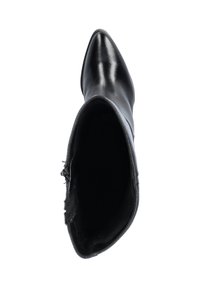 Zwarte leren enkellaars met een spitse neus, een gladde textuur, een ritssluiting aan de zijkant en een stijlvolle uitstraling. Het interieur heeft een donkere voering.