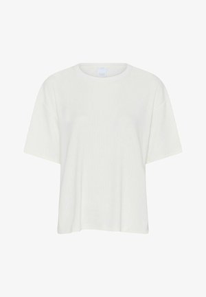 Valge lühikeste varrukatega t-särk pehmest kangast, ümmarguse kaelusega ja veidi vabalt seljas, millel on peen ribikoe tekstuur.