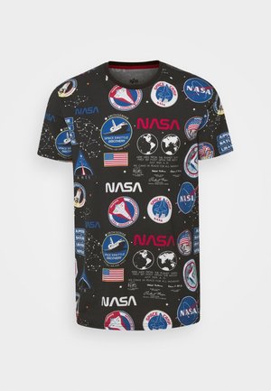 Black cotton t-shirt featuring multi-colored NASA-themed patches, including logos, spacecraft, and planets, with a crew neck and short sleeves.