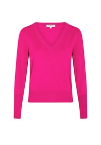 Maglione fucsia a scollo a V realizzato in morbido tessuto lavorato a maglia, con maniche lunghe e polsini e orlo a costine per un tocco di texture e vestibilità.