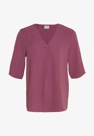 Kurzärmliges Oberteil in Dunkelpink mit V-Ausschnitt. Hergestellt aus leichtem Stoff und mit einer dezenten vorderen Falte für zusätzlichen Detailreichtum.