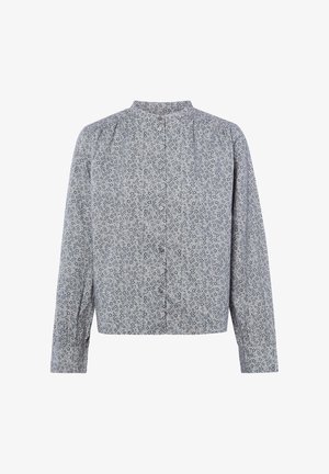 Blouse à manches longues gris clair avec petit motif floral noir, boutonnée sur le devant, et col rond.