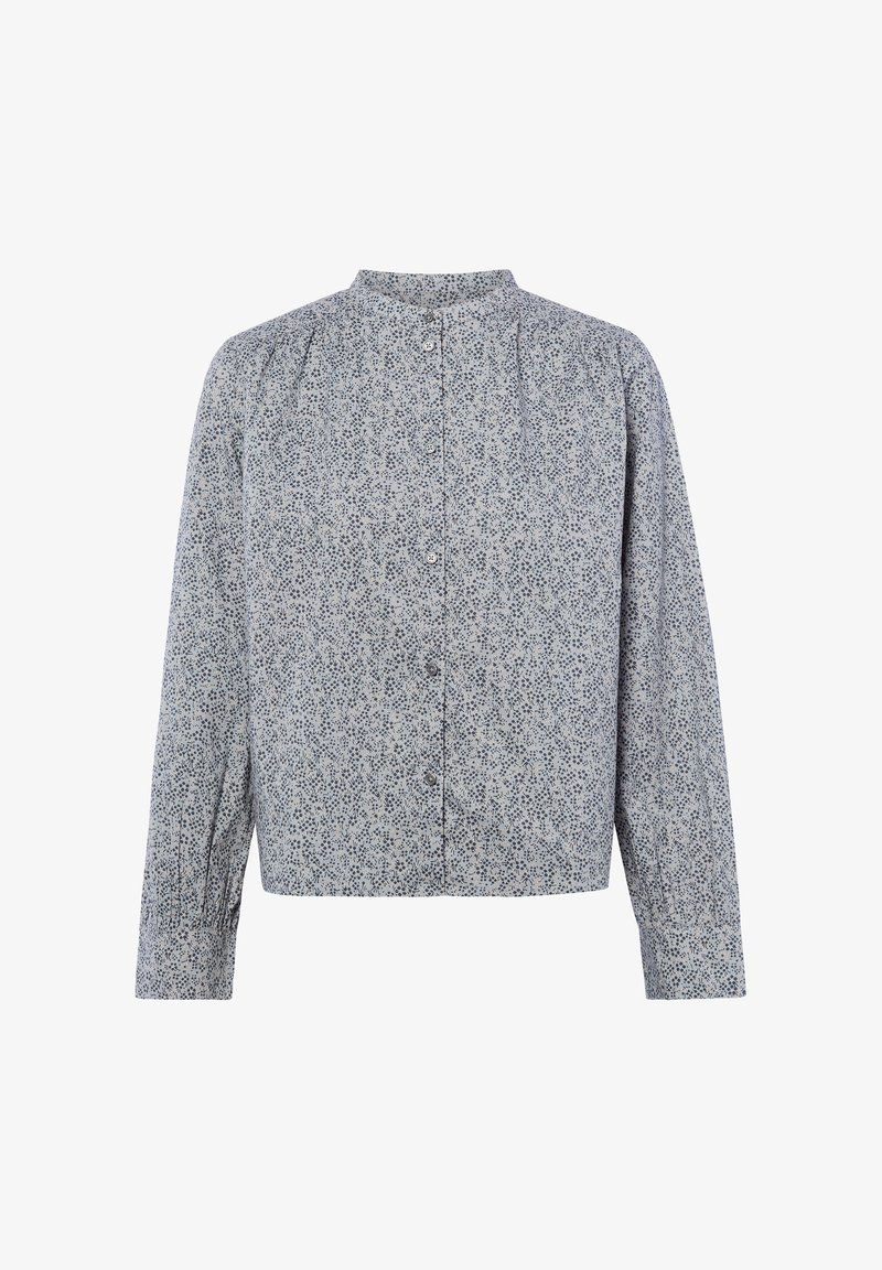 Blouse à manches longues gris clair avec petit motif floral noir, boutonnée sur le devant, et col rond.