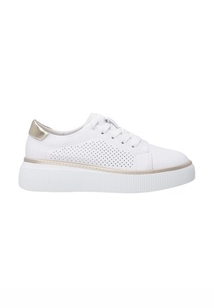 White sneakers featuring a smooth finish, perforated design on the sides, and a metallic gold accent on the heel with a thick ridged sole.