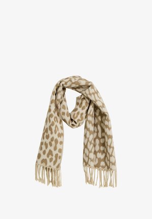 Écharpe beige à imprimé léopard en tissu doux, avec bords frangés et design léger pour le confort et la chaleur.