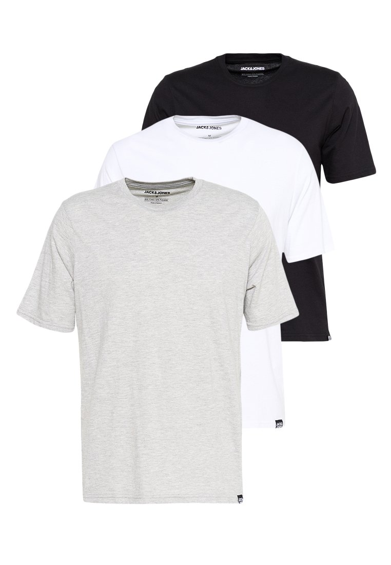 Drei kurzärmelige T-Shirts in Grau, Weiß und Schwarz, aus Baumwolle gefertigt, mit Rundhalsausschnitten und genähten Säumen. Das Markenlogo ist auf dem Etikett sichtbar.