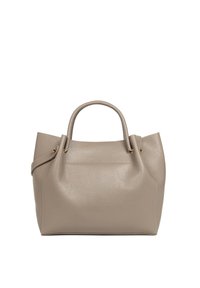 Sac à main en cuir dans un taupe clair avec une finition texturée, des poignées rondes et un design minimaliste. Dispose d'une ouverture sur le dessus et de fixations latérales.