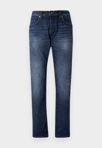 Dark blue denim jeans with a straight leg design, featuring five pockets and visible stitching details. Matte texture with slight fading.