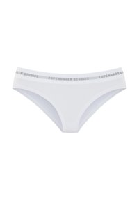 White cotton briefs featuring a gray elastic waistband with "COPENHAGEN STUDIOS" text, smooth texture, and a classic bikini cut design.