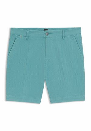 Herrshorts i turkos, tillverkade av ett texturerat tyg, med knappstängning framtill, dragkedja och två sidofickor.