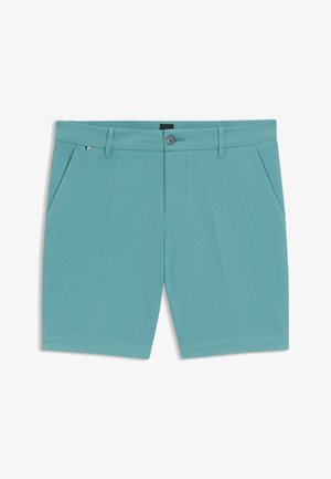 Men's turquoise shorts made from a textured fabric, featuring a front button closure, zip fly, and two side pockets.