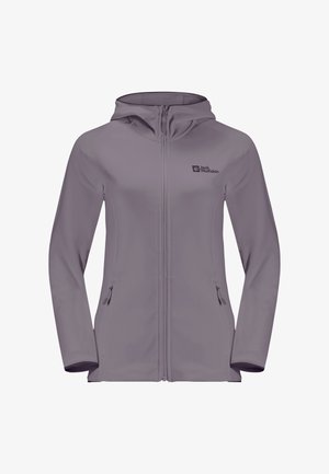 Giacca softshell di colore viola chiaro, con cerniera completa, cappuccio regolabile, due tasche laterali e logo sulla parte sinistra del petto. Texture liscia.