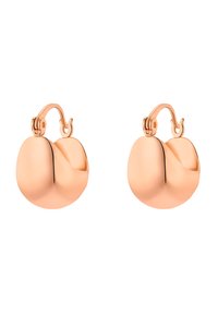 Orecchini a cerchio in oro rosa, con design liscio e arrotondato e una leggera scanalatura. La chiusura è un leveraggio a cerniera per un indosso sicuro.