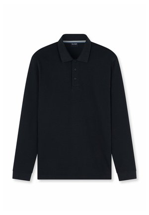 Schwarzes Langarm-Poloshirt mit Kragen und drei Knöpfen, flach auf weißem Hintergrund dargestellt.