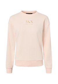 Sweat-shirt rose pâle avec un col rond et des manches longues. Il présente un logo brodé en or sur la poitrine ainsi que des poignets et un ourlet côtelés.