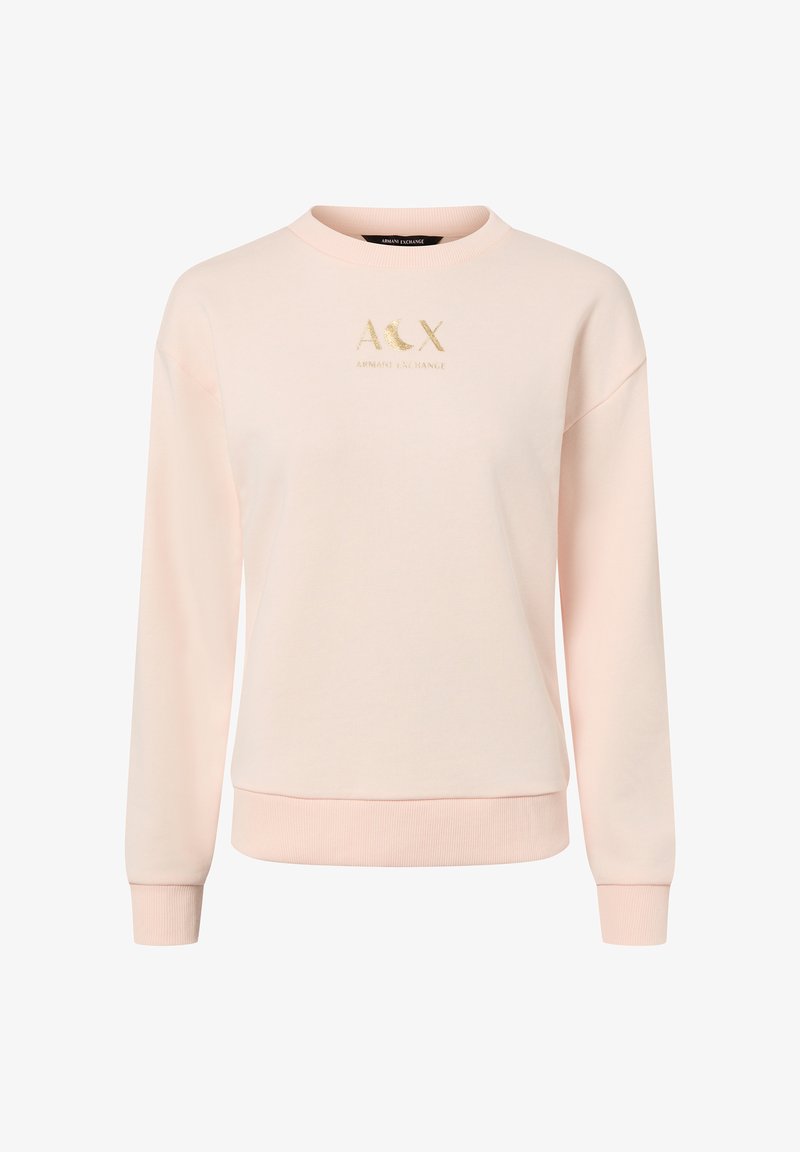 Sweat-shirt rose pâle avec un col rond et des manches longues. Il présente un logo brodé en or sur la poitrine ainsi que des poignets et un ourlet côtelés.