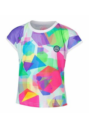 Camiseta de manga corta en una tela ligera y transpirable, con un patrón geométrico multicolor en tonos de rosa, verde, azul y púrpura.